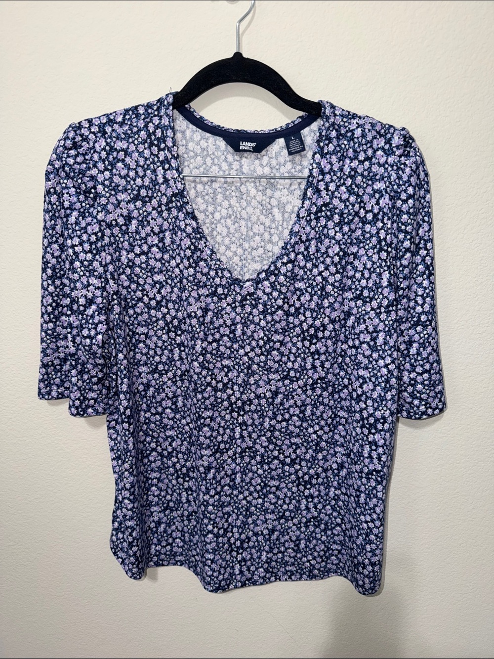 Nwot Lands' End Navy Short Sleeve V-Neck Floral Tee Su09